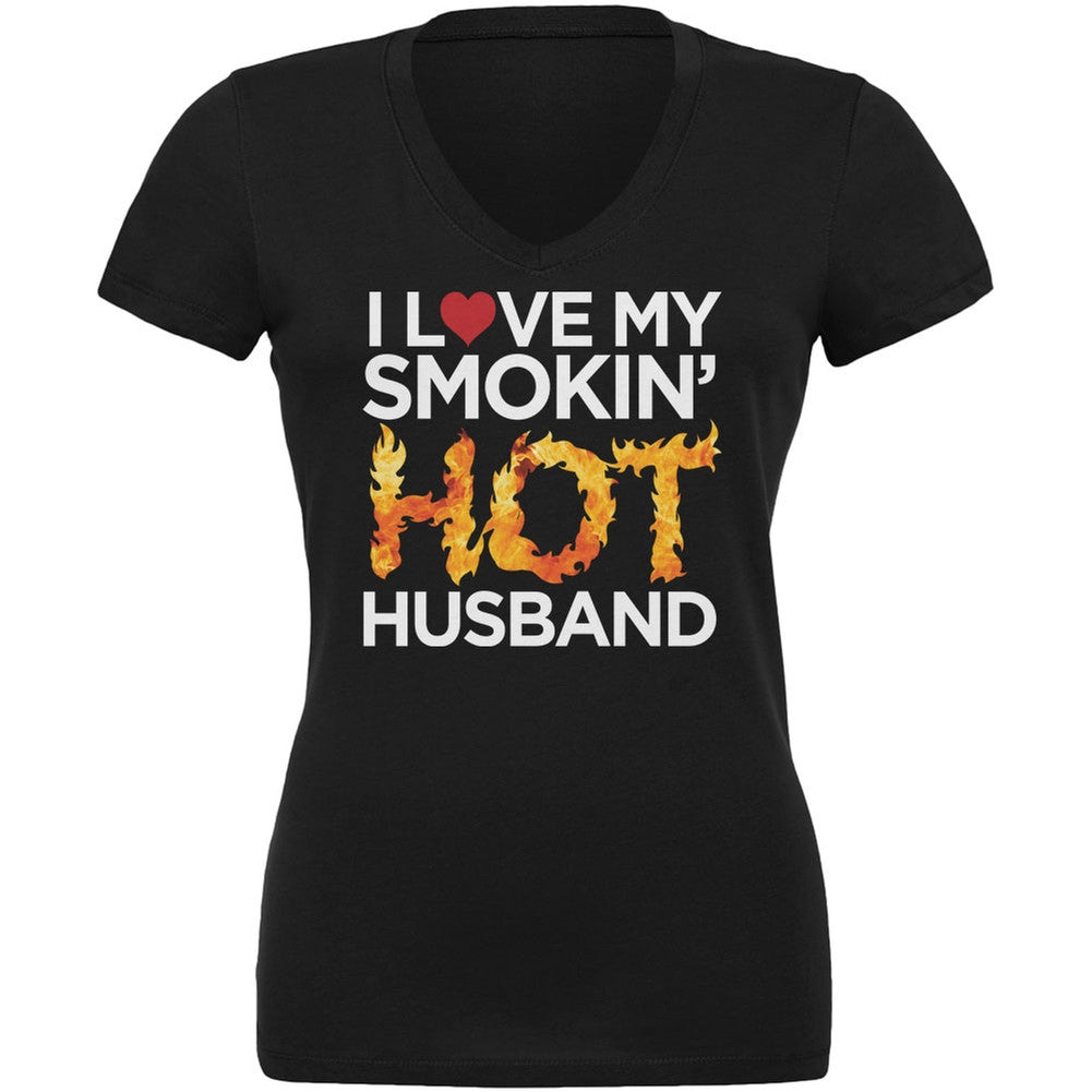 Valentine's Day Smokin Hot Husband Black Juniors V-Neck T-Shirt Juniors V-Neck T-Shirts Old Glory   