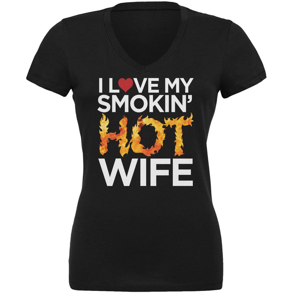 Valentine's Day I Love My Smokin Hot Wife LGBT Black Juniors V-Neck T-Shirt Juniors V-Neck T-Shirts Old Glory   