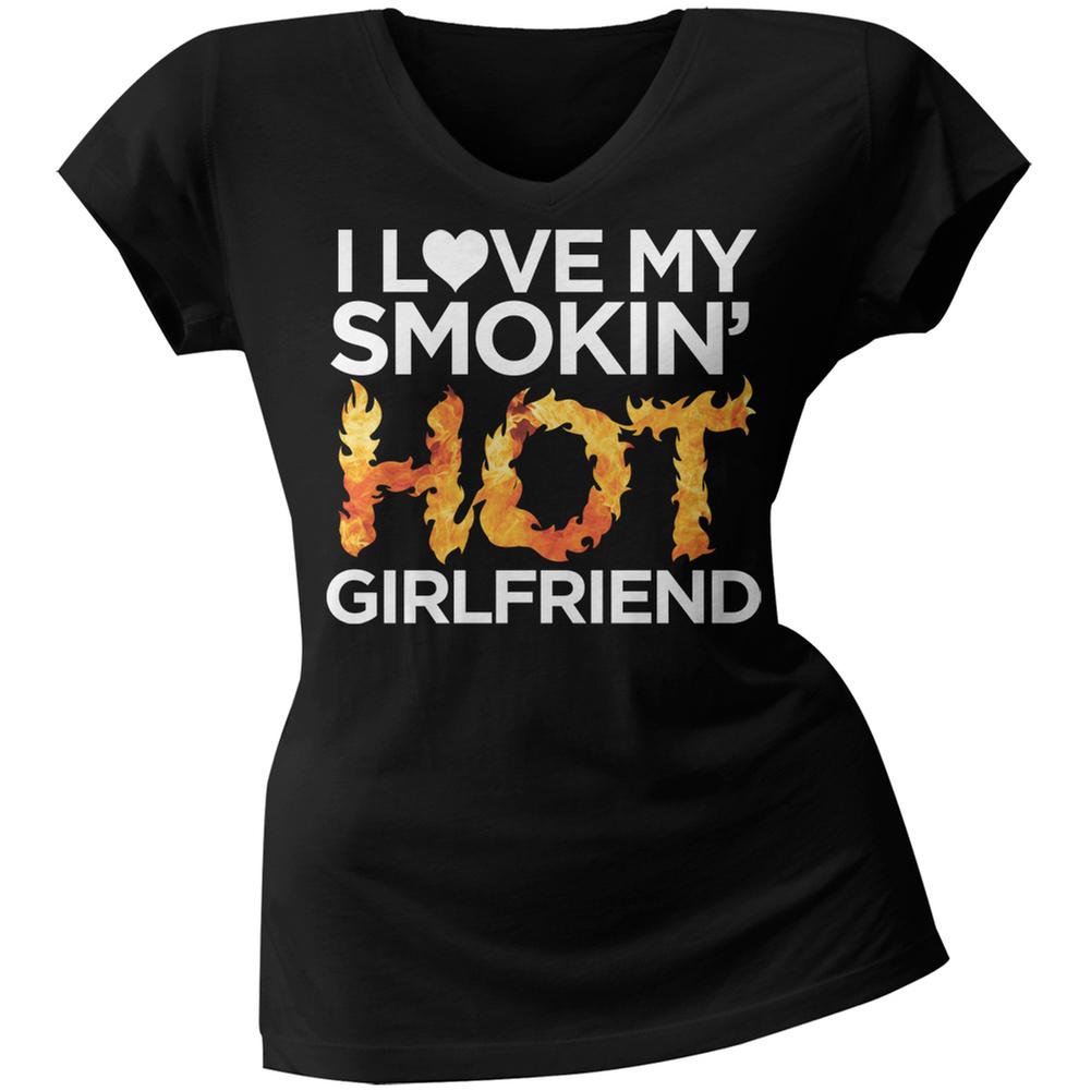 Valentine's Day I Love My Smokin Hot Girlfriend LGBT Black Juniors V-Neck T-Shirt Juniors V-Neck T-Shirts Old Glory 2XL Black 