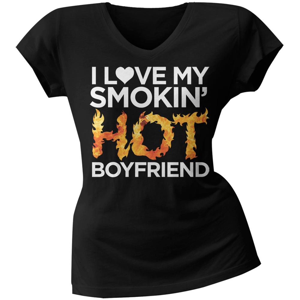 Valentine's Day Smokin Hot Boyfriend Black Juniors V-Neck T-Shirt Juniors V-Neck T-Shirts Old Glory 2XL Black 