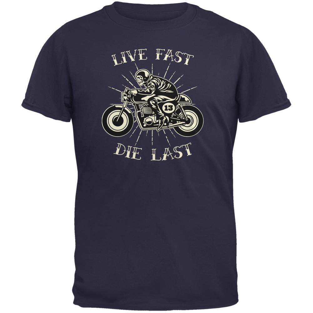 Motorcycle Live Fast Die Last Navy Adult T-Shirt Men's T-Shirts Old Glory 2XL Blue 