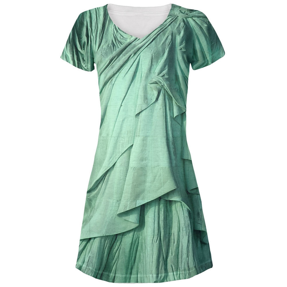 Statue of Liberty Lady Costume All Over Juniors V-Neck Dress Juniors Dresses Old Glory LG Multi 