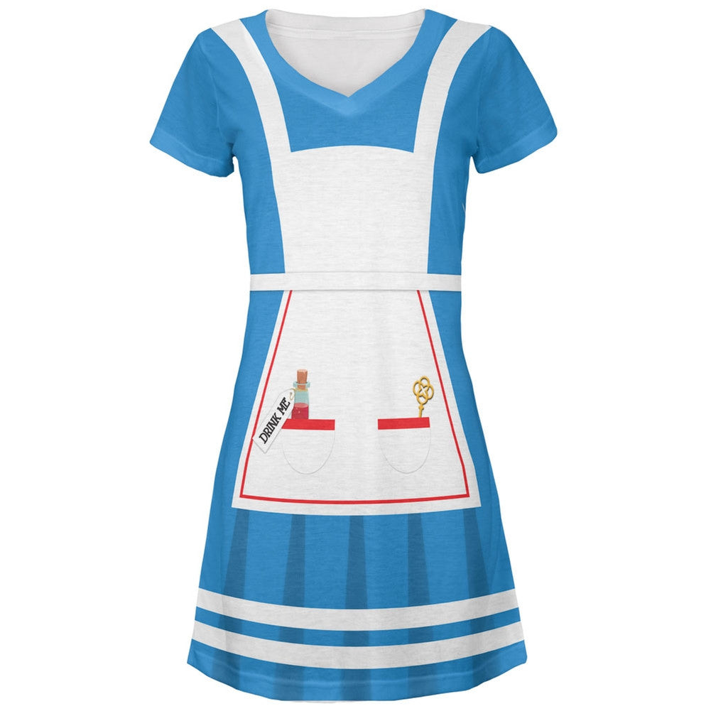 Halloween Alice in Wonderland Classic Costume All Over Juniors V-Neck Dress Juniors Dresses Old Glory LG Multi 