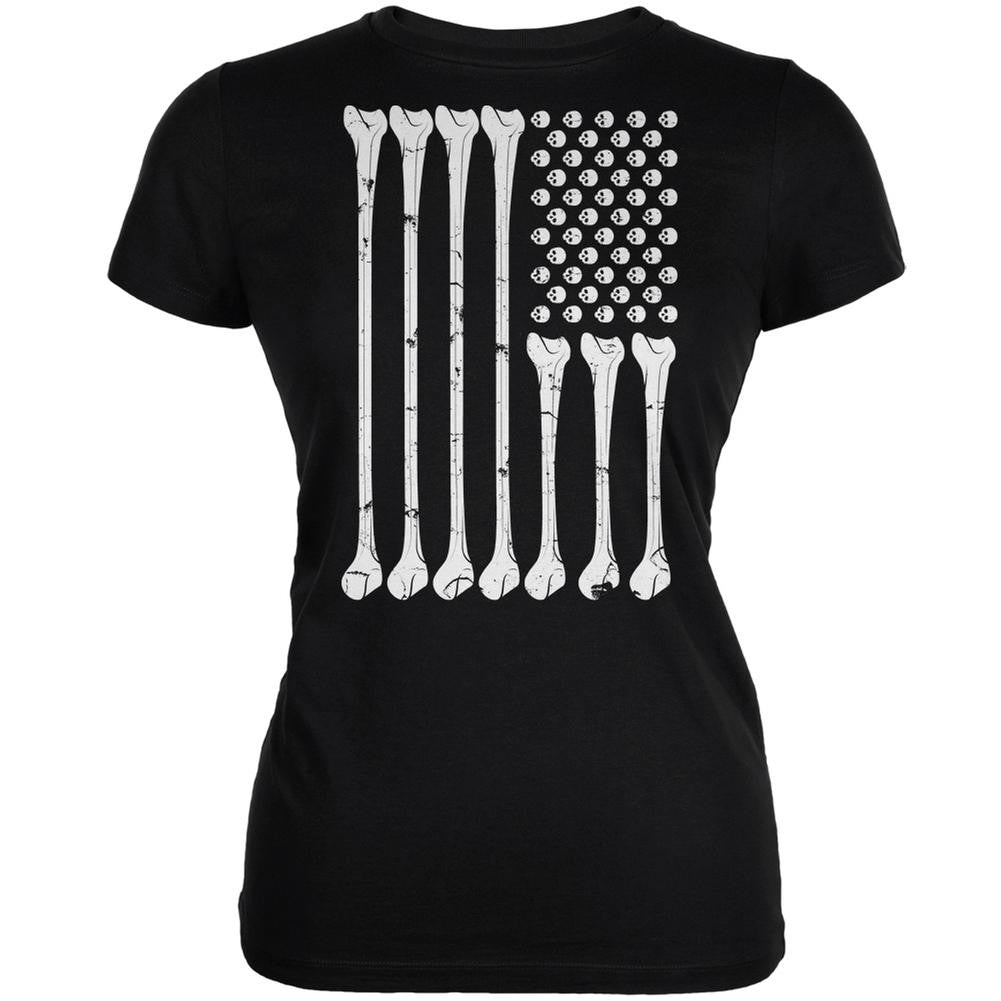 Halloween Skeleton Bones American Flag Black Juniors Soft T-Shirt Juniors T-Shirts Old Glory 2XL Black 