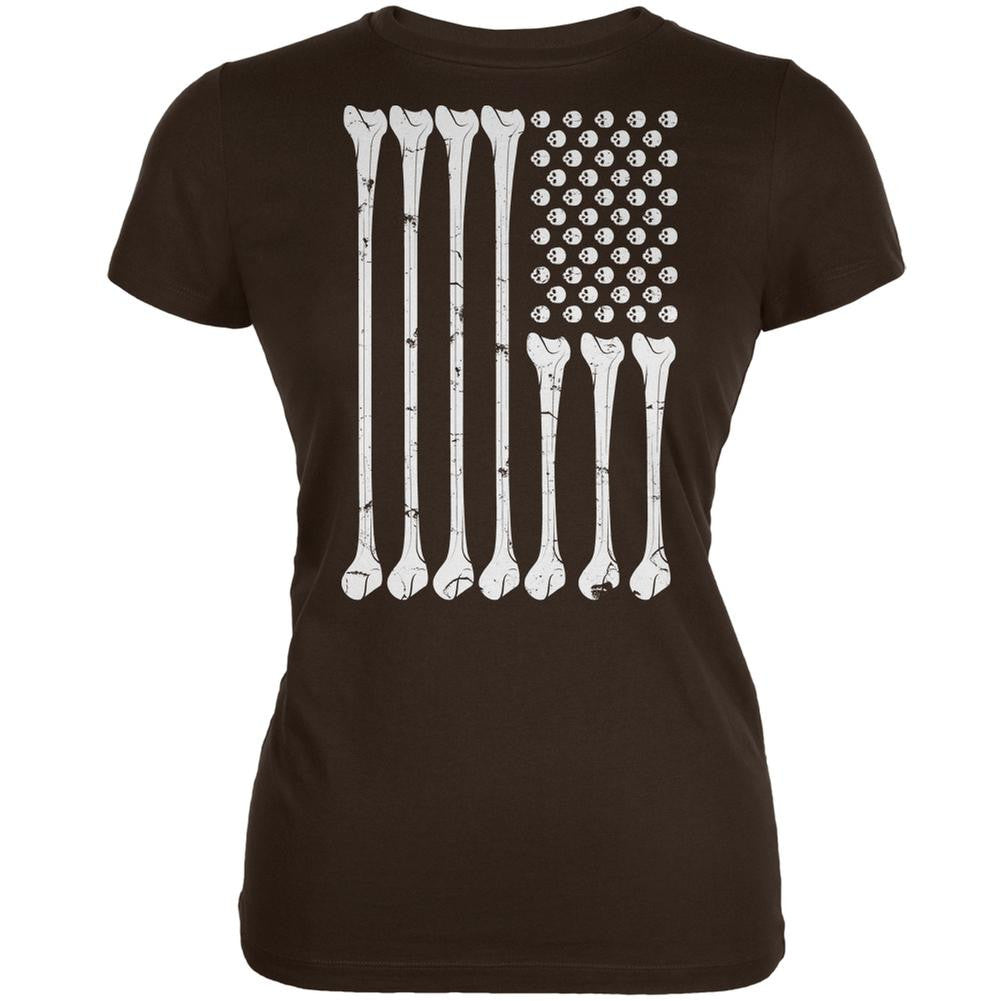 Halloween Skeleton Bones American Flag Brown Juniors Soft T-Shirt Juniors T-Shirts Old Glory 2XL Brown 