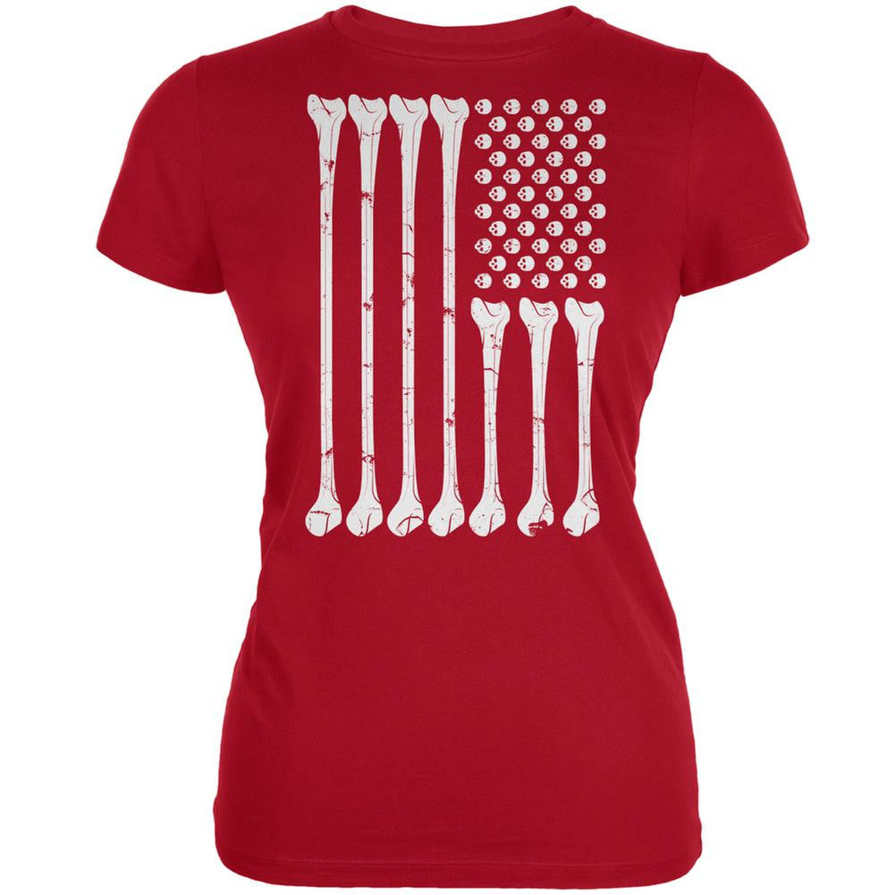 Halloween Skeleton Bones American Flag Red Juniors Soft T-Shirt Juniors T-Shirts Old Glory 2XL Red 