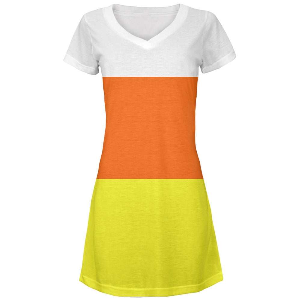 Halloween Candy Corn Costume All Over Juniors V-Neck Dress Juniors Dresses Old Glory LG Multi 