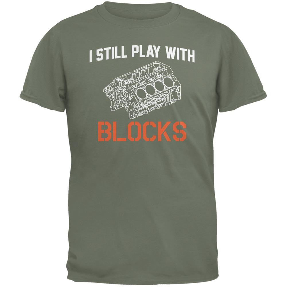 Auto Racing I Still Play With Blocks Military Green Adult T-Shirt Men's T-Shirts Old Glory 2XL Green 