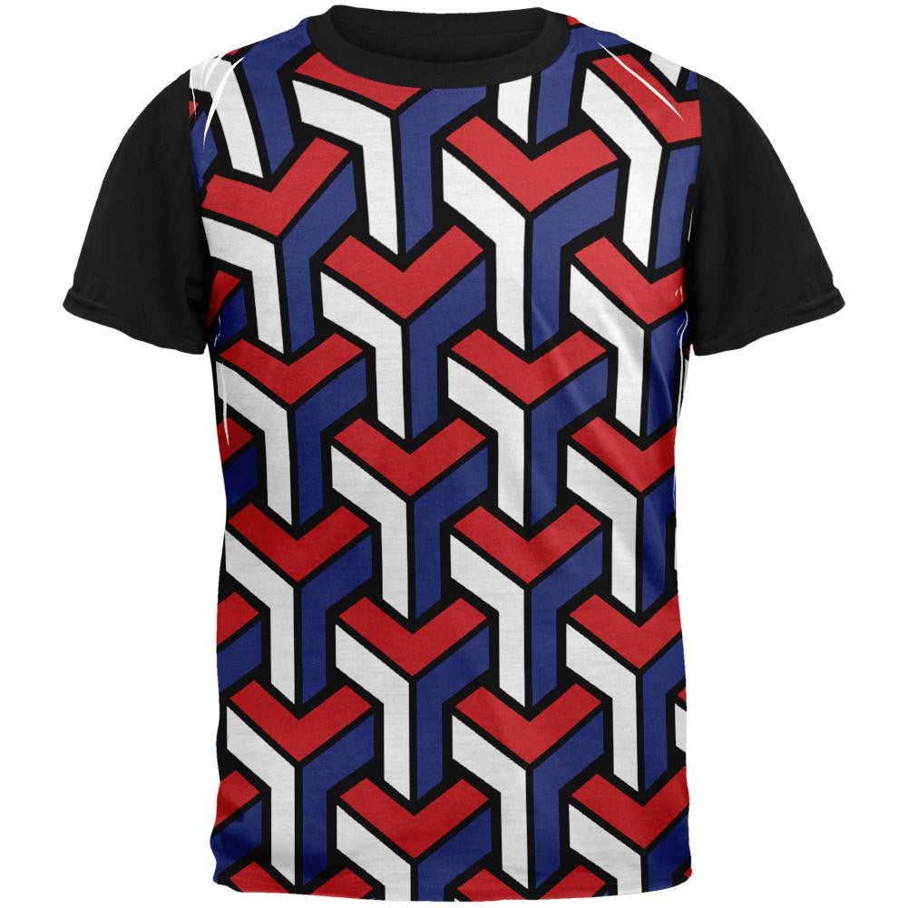 3d Red White & Blue Blocks Adult Black Back T-Shirt Men's T-Shirts Old Glory SM White 