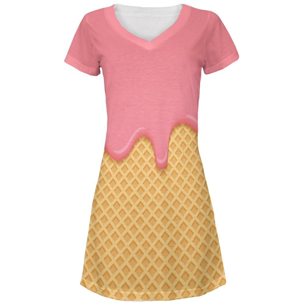Pink Melting Ice Cream Cone All Over Juniors V-Neck Dress Juniors Dresses Old Glory LG White 