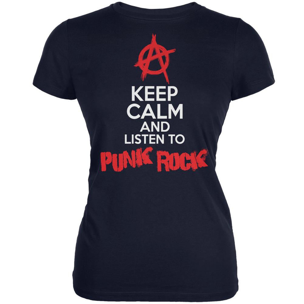 Keep Calm And Listen To Punk Rock Navy Juniors Soft T-Shirt Juniors T-Shirts Old Glory 2XL Blue 