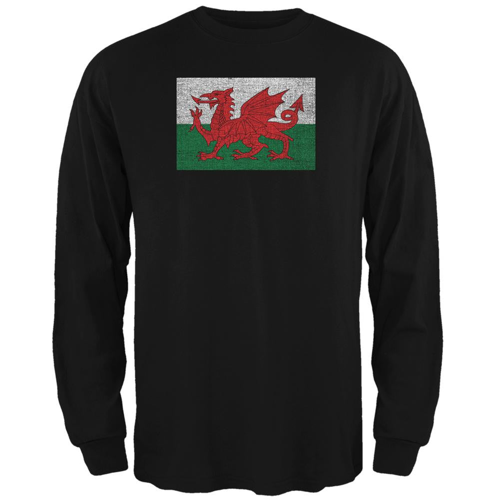 Welsh Flag Distressed Black Adult Long Sleeve T-Shirt Men's Long Sleeves Old Glory 2XL Black 