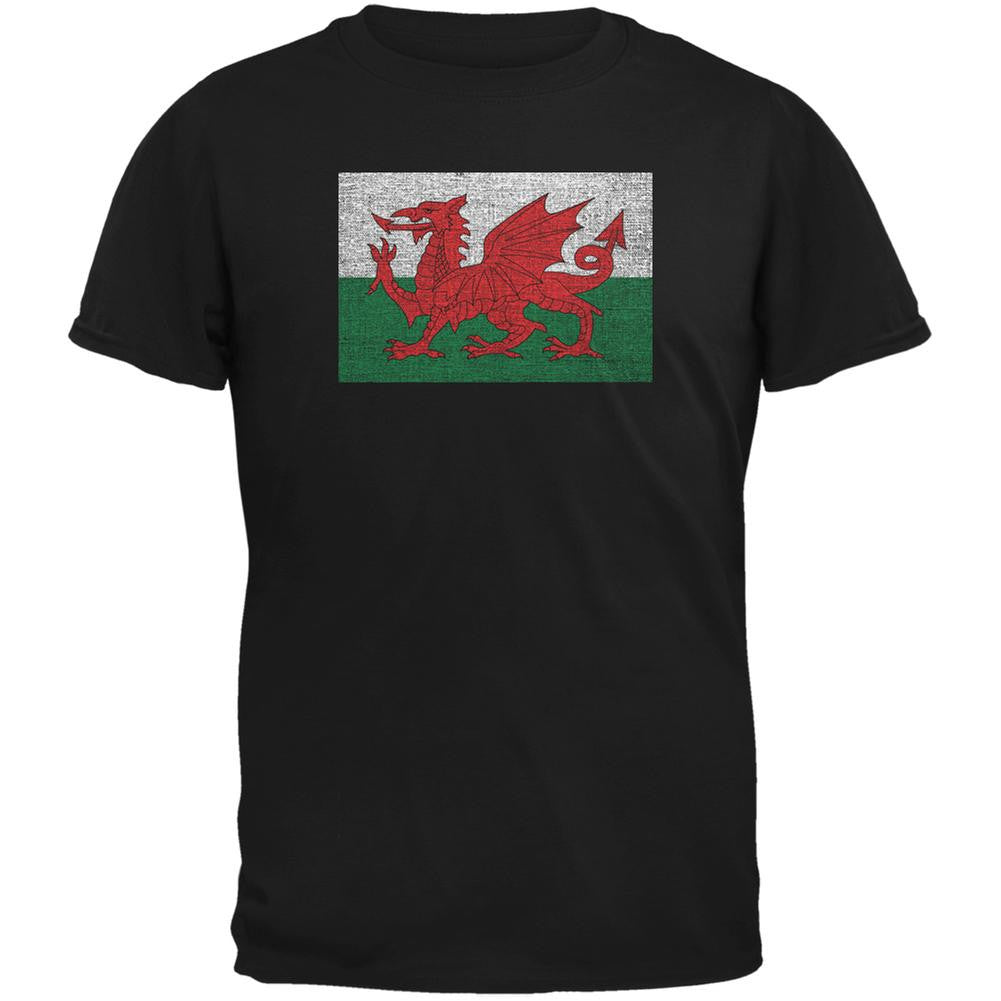 Welsh Flag Distressed Black Adult T-Shirt Men's T-Shirts Old Glory 2XL Black 