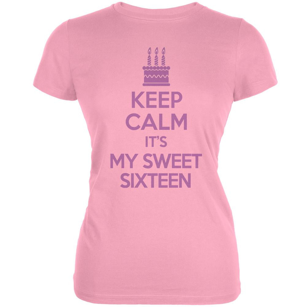 Keep Calm Sweet 16 Pink Juniors Soft T-Shirt Juniors T-Shirts Old Glory LG Pink 