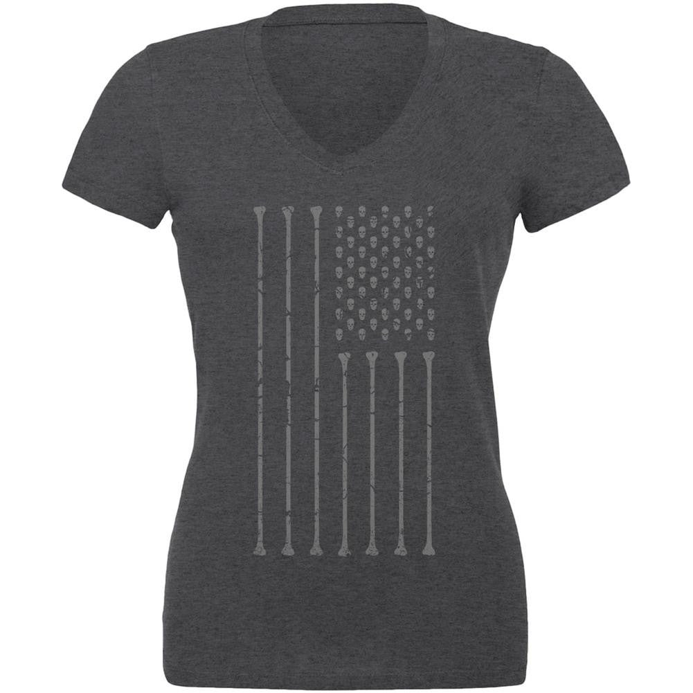 Skull & Bones American Flag Dark Heather Juniors V-Neck T-Shirt Juniors V-Neck T-Shirts Old Glory 2XL Grey 