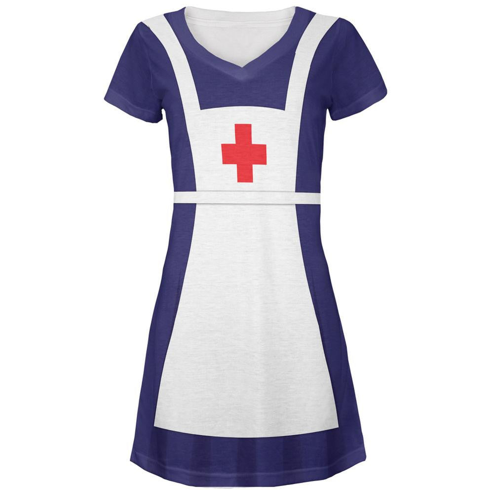 Halloween WWII 40's Nurse Costume All Over Juniors V-Neck Dress Juniors Dresses Old Glory LG Multi 