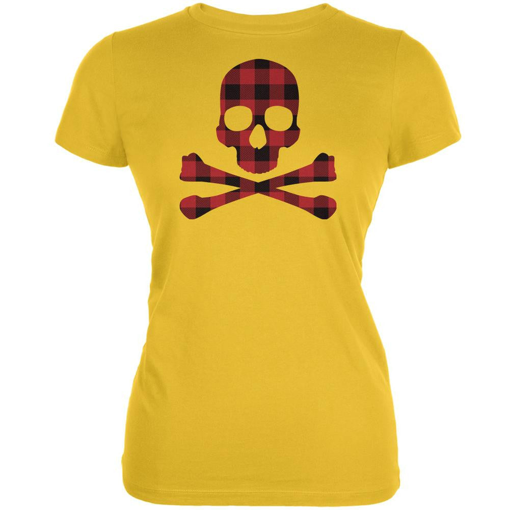 Plaid Skull & Crossbones Bright Yellow Juniors Soft T-Shirt Juniors T-Shirts Old Glory 2XL Yellow 