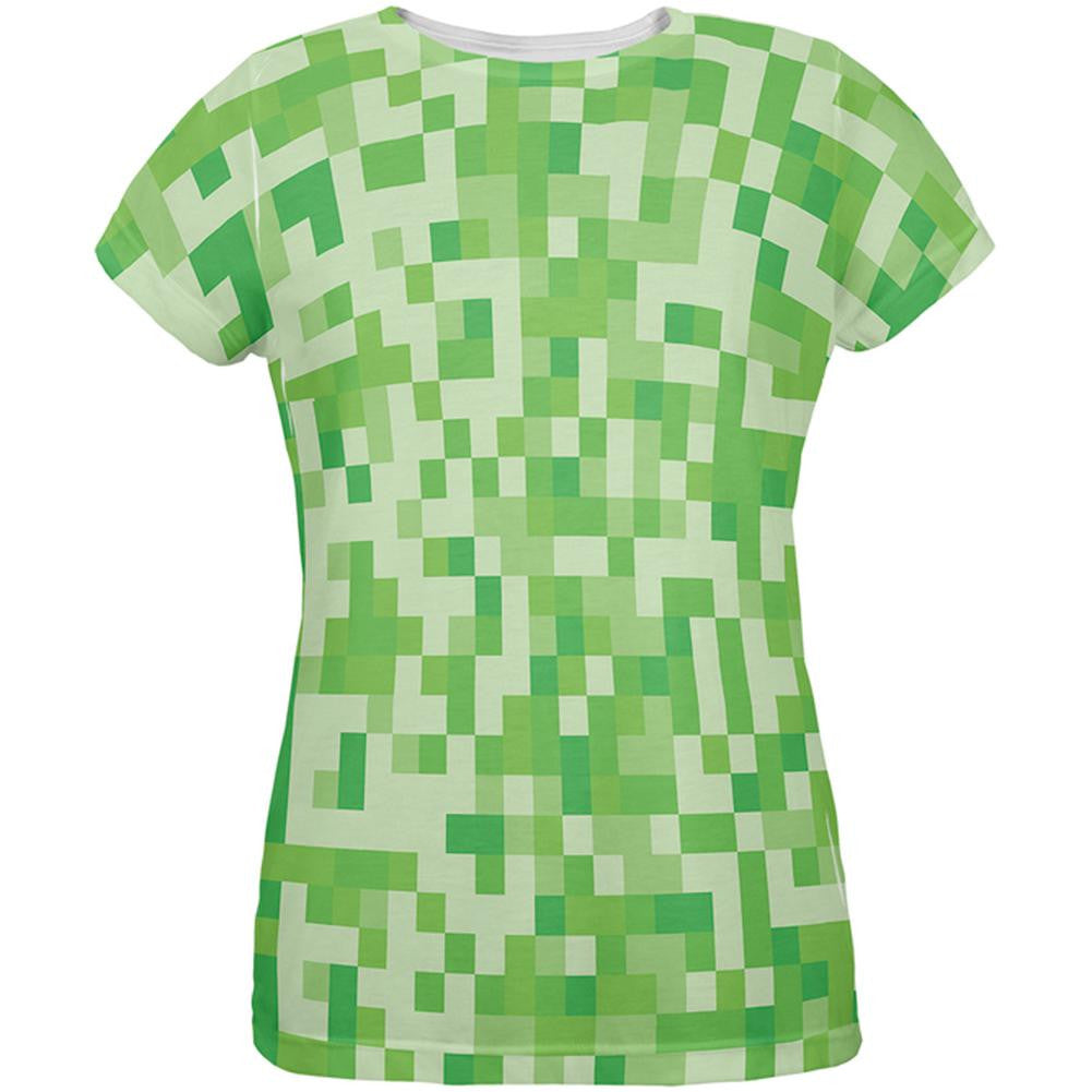 Green Pixels All Over Womens T-Shirt Women's T-Shirts Old Glory 2XL White 