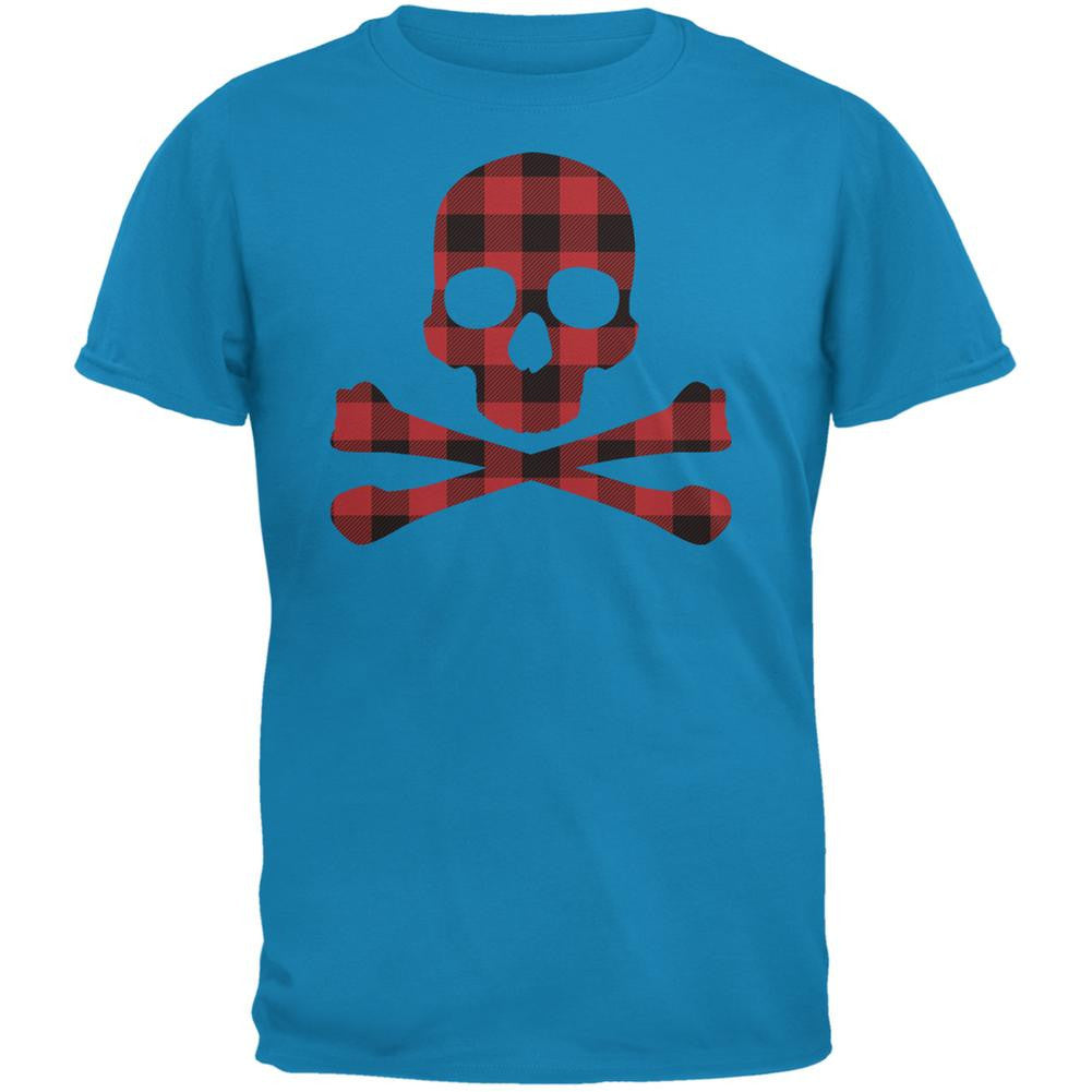 Plaid Skull & Crossbones Sapphire Blue Adult T-Shirt Men's T-Shirts Old Glory 2XL Blue 