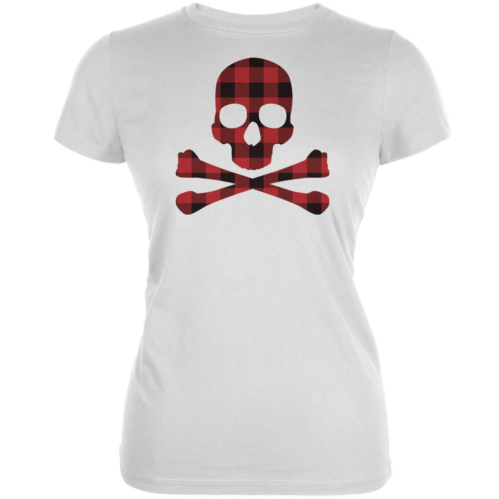 Plaid Skull & Crossbones White Juniors Soft T-Shirt Juniors T-Shirts Old Glory 2XL White 