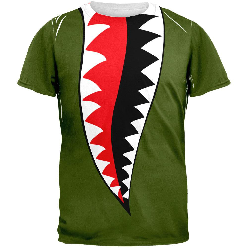 WWII Fighter Plane Jaws All Over Adult T-Shirt Men's T-Shirts Old Glory 2XL Green 