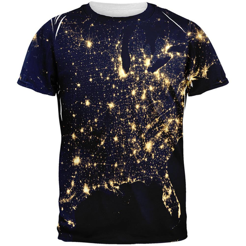 Outer Space Earth At Night All Over Adult T-Shirt Men's T-Shirts Old Glory 2XL Multi 
