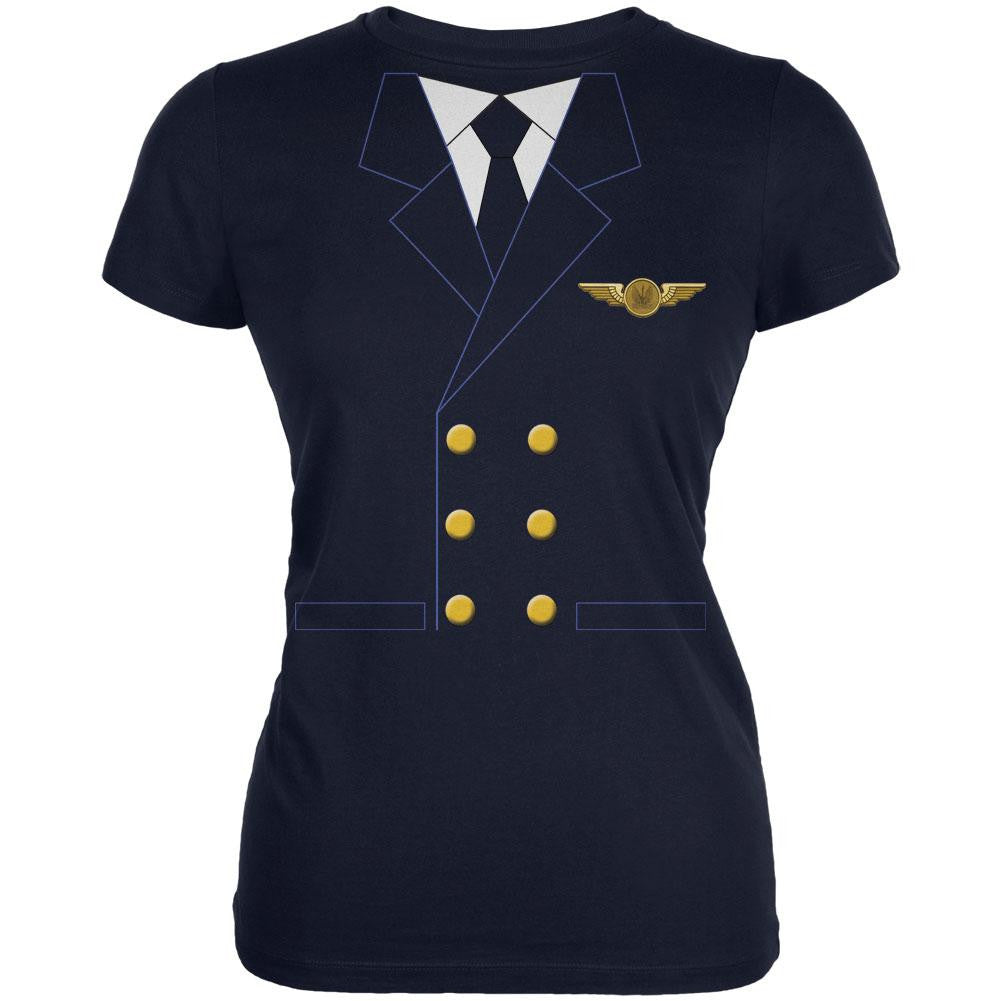 Halloween Airline Airplane Pilot Navy Juniors Soft T-Shirt Juniors T-Shirts Old Glory SM  