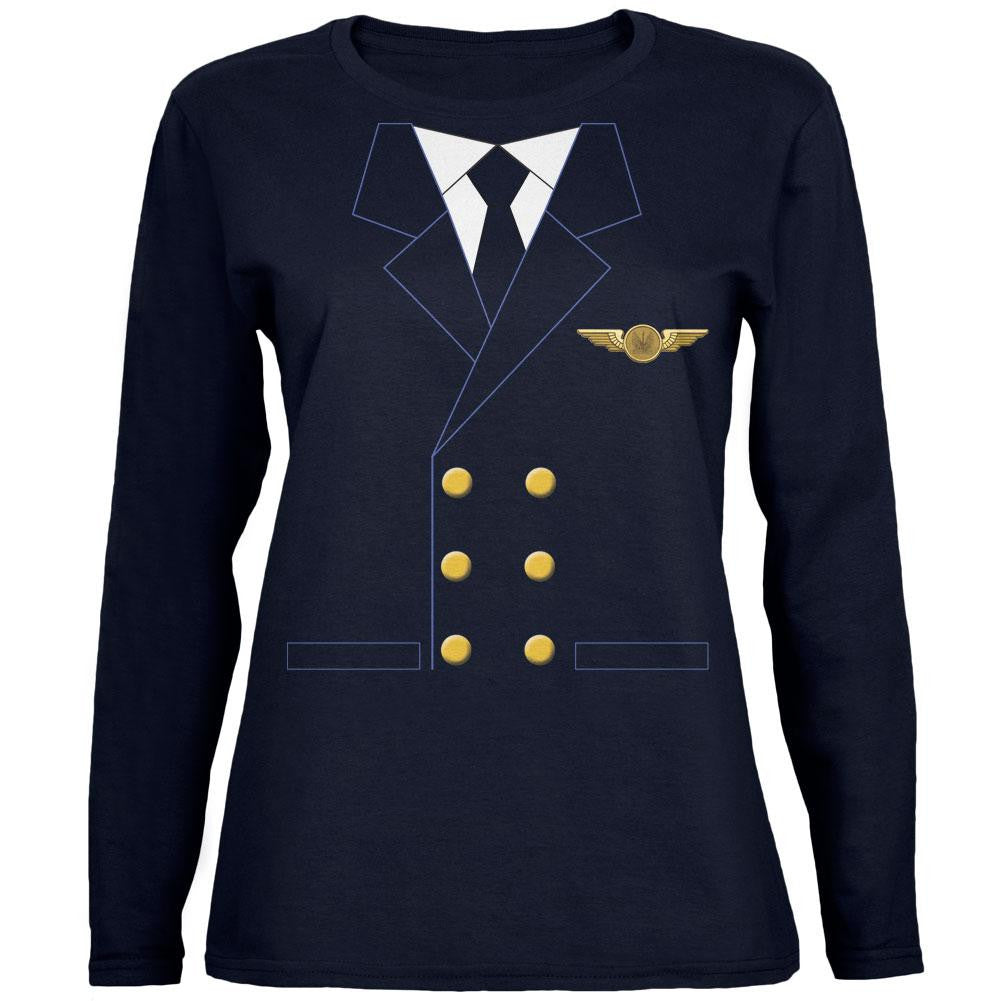 Halloween Airline Airplane Pilot Navy Womens Long Sleeve T-Shirt Women's Long Sleeves Old Glory 2XL Blue 