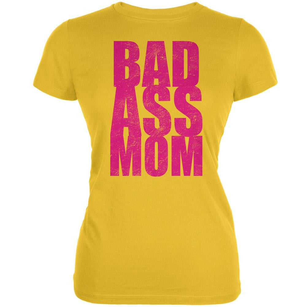 Bad Ass Mom Bright Yellow Juniors Soft T-Shirt Juniors T-Shirts Old Glory 2XL Yellow 