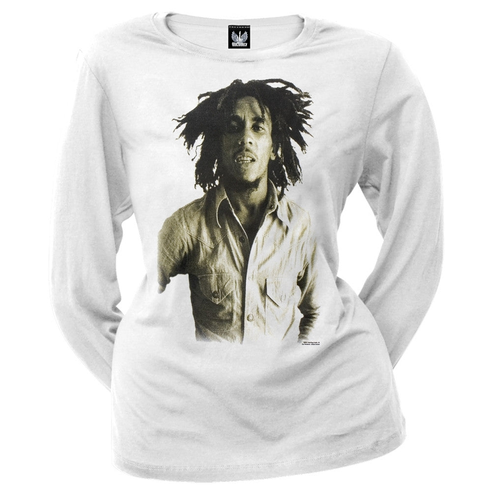 Bob Marley - Sepia Juniors White Long Sleeve T-Shirt Juniors Long Sleeves Bob Marley SM White 