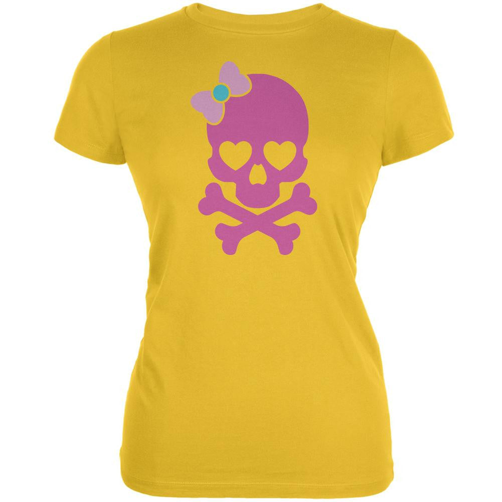 Halloween Pink Skull and Bow Bright Yellow Juniors Soft T-Shirt Juniors T-Shirts Old Glory 2XL Yellow 