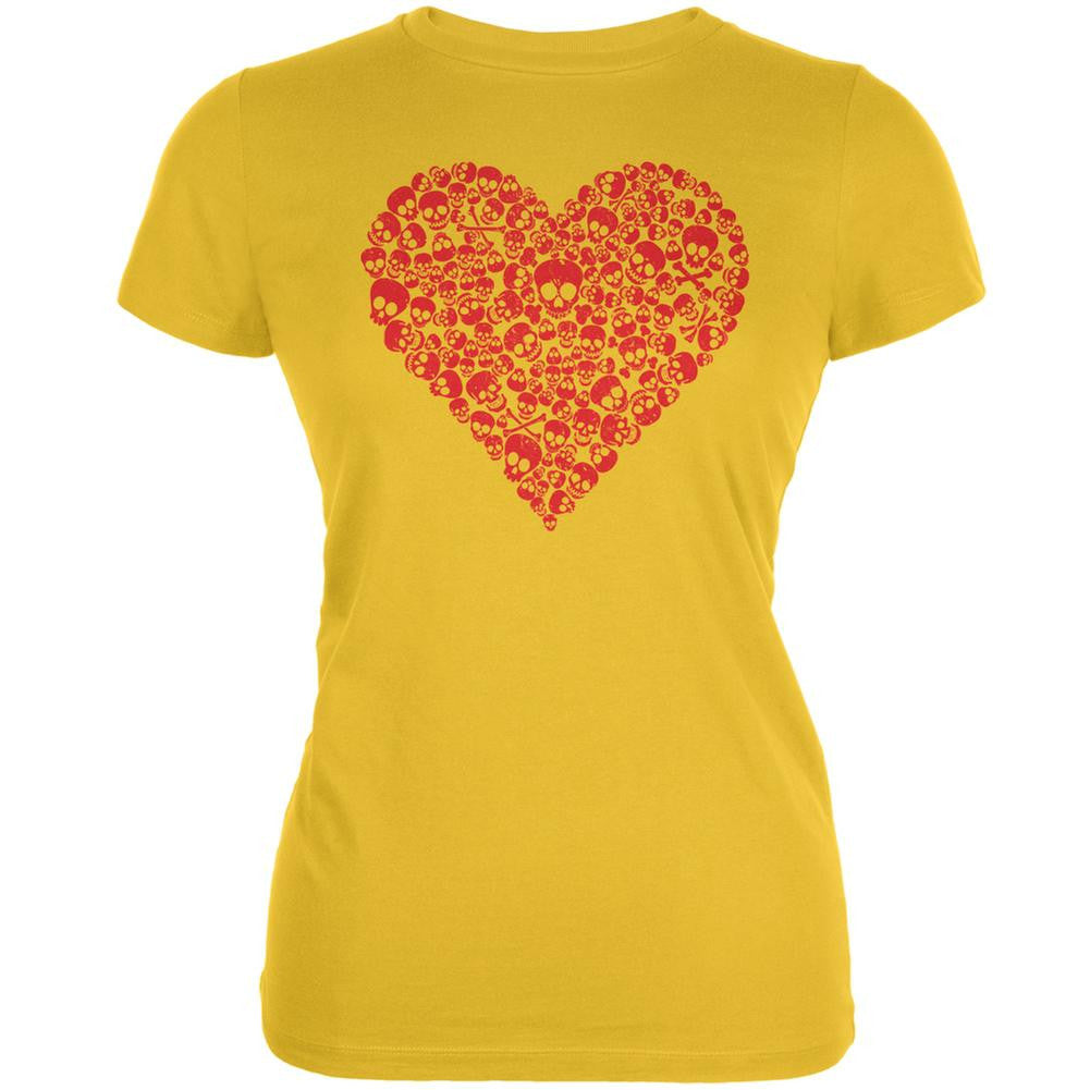 Halloween Skull Heart Bright Yellow Juniors Soft T-Shirt Juniors T-Shirts Old Glory 2XL Yellow 