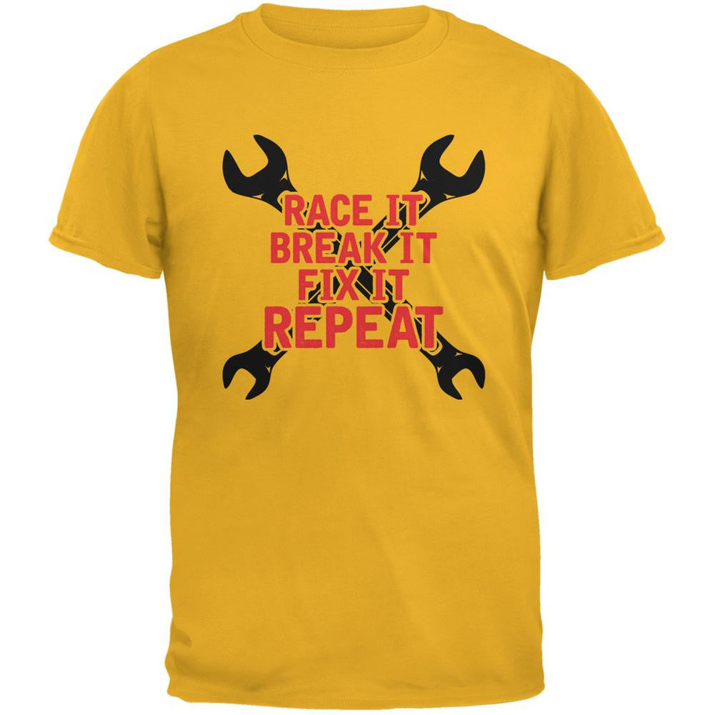 Auto Racing Race It Break It Fix It Repeat Gold Adult T-Shirt Men's T-Shirts Old Glory 2XL Yellow 
