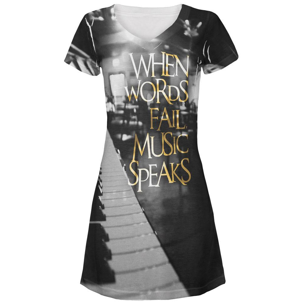 Words Fail Music Speaks All Over Juniors V-Neck Dress Juniors Dresses Old Glory LG Multi 