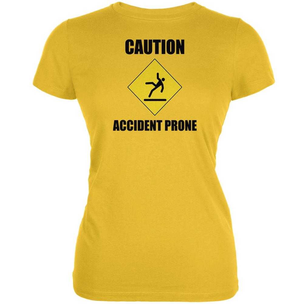 Caution Accident Prone Bright Yellow Juniors Soft T-Shirt Juniors T-Shirts Old Glory 2XL Yellow 