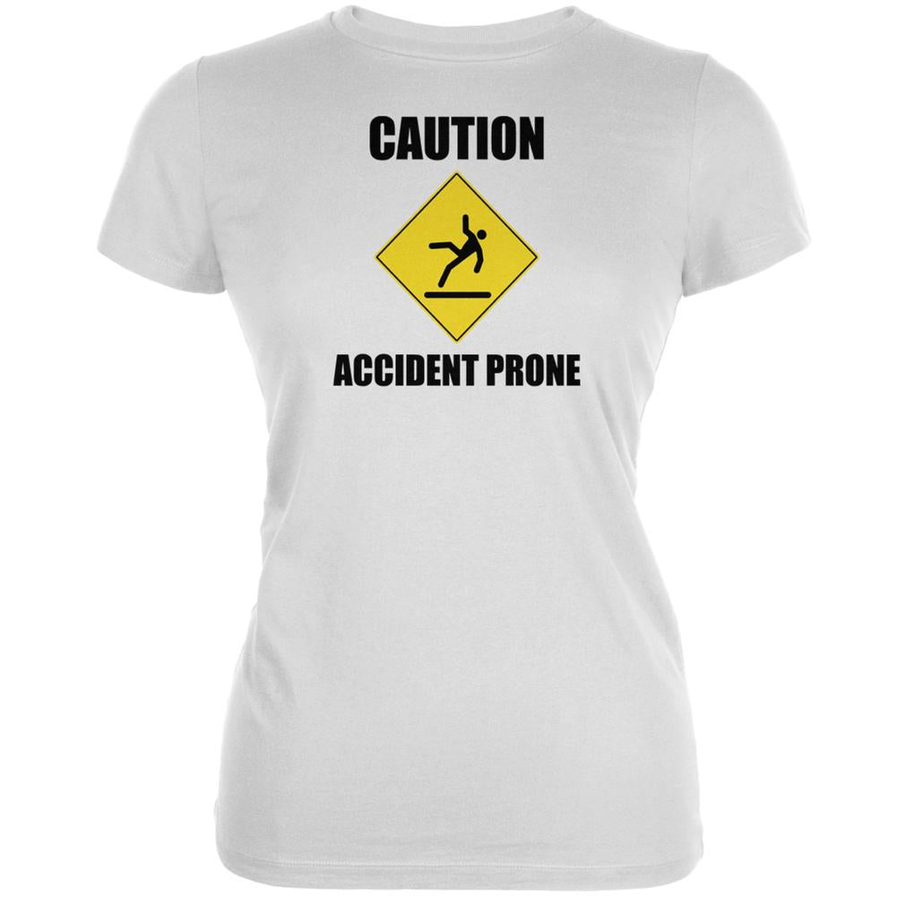 Caution Accident Prone White Juniors Soft T-Shirt Juniors T-Shirts Old Glory 2XL White 