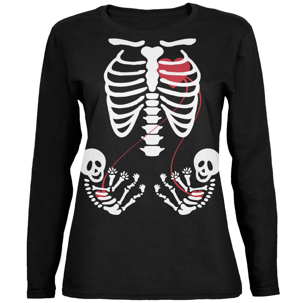 Halloween Twin Baby Skeletons Black Womens Long Sleeve T-Shirt Women's Long Sleeves Old Glory 2XL Black 