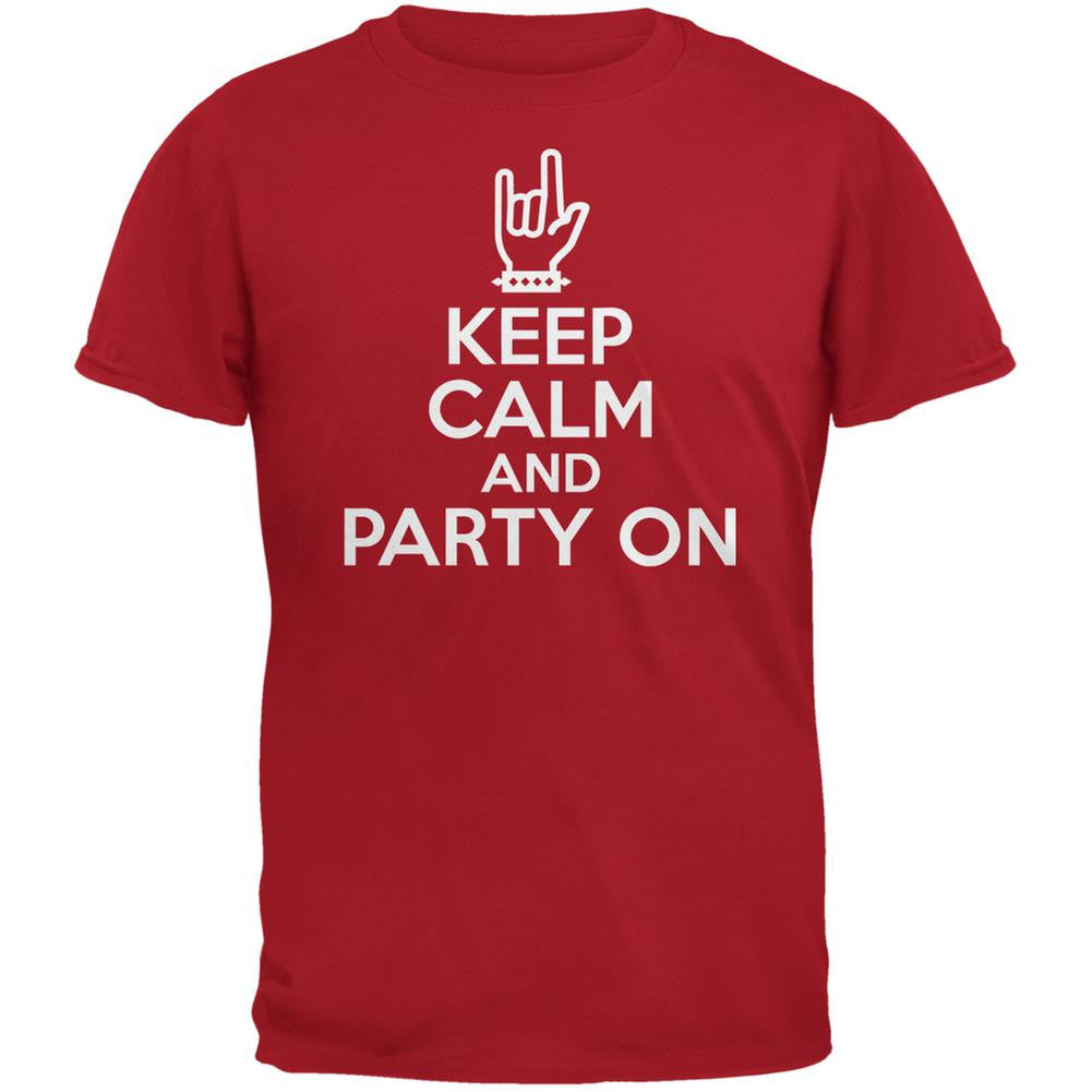 Keep Calm Party On Red Adult T-Shirt Men's T-Shirts Old Glory SM Red 