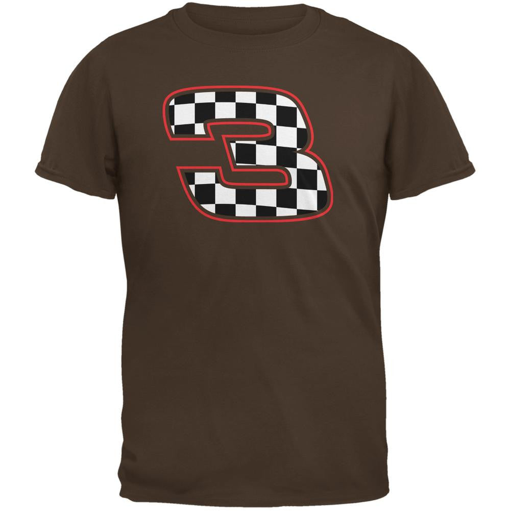 Racing Number 3 Checkered Flag Brown Adult T-Shirt – Old Glory