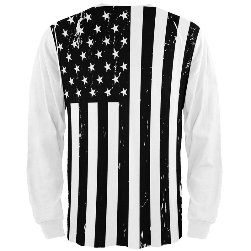 Black And White American Flag Distressed All Over Adult Long Sleeve T-Shirt Men's Long Sleeves Old Glory   