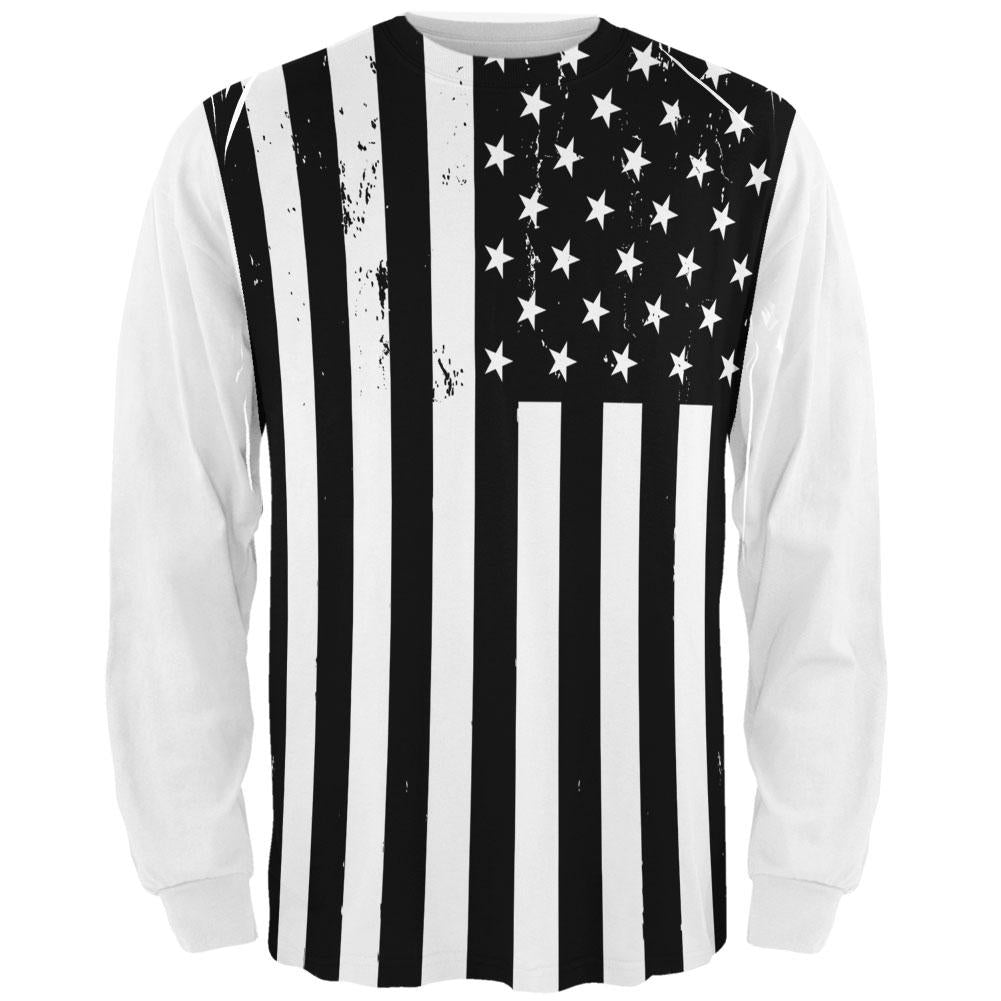 Black And White American Flag Distressed All Over Adult Long Sleeve T-Shirt Men's Long Sleeves Old Glory 2XL White 