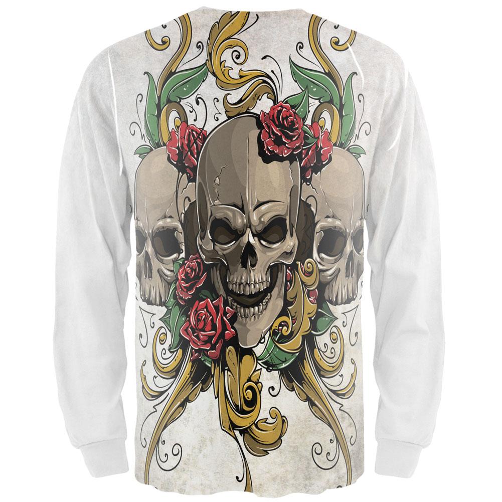 Skulls and Roses Tattoo All Over Adult Long Sleeve T-Shirt Men's Long Sleeves Old Glory   