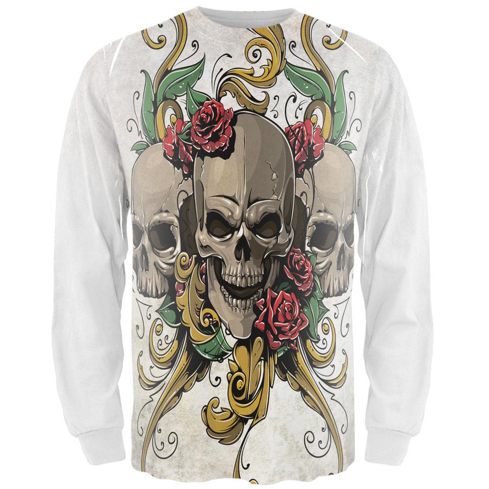 Skulls and Roses Tattoo All Over Adult Long Sleeve T-Shirt Men's Long Sleeves Old Glory 2XL White 