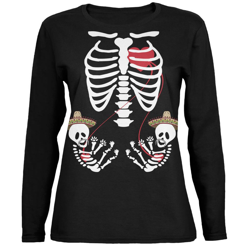 Cinco de Mayo Twin Baby Skeletons Black Womens Long Sleeve T-Shirt Women's Long Sleeves Old Glory   