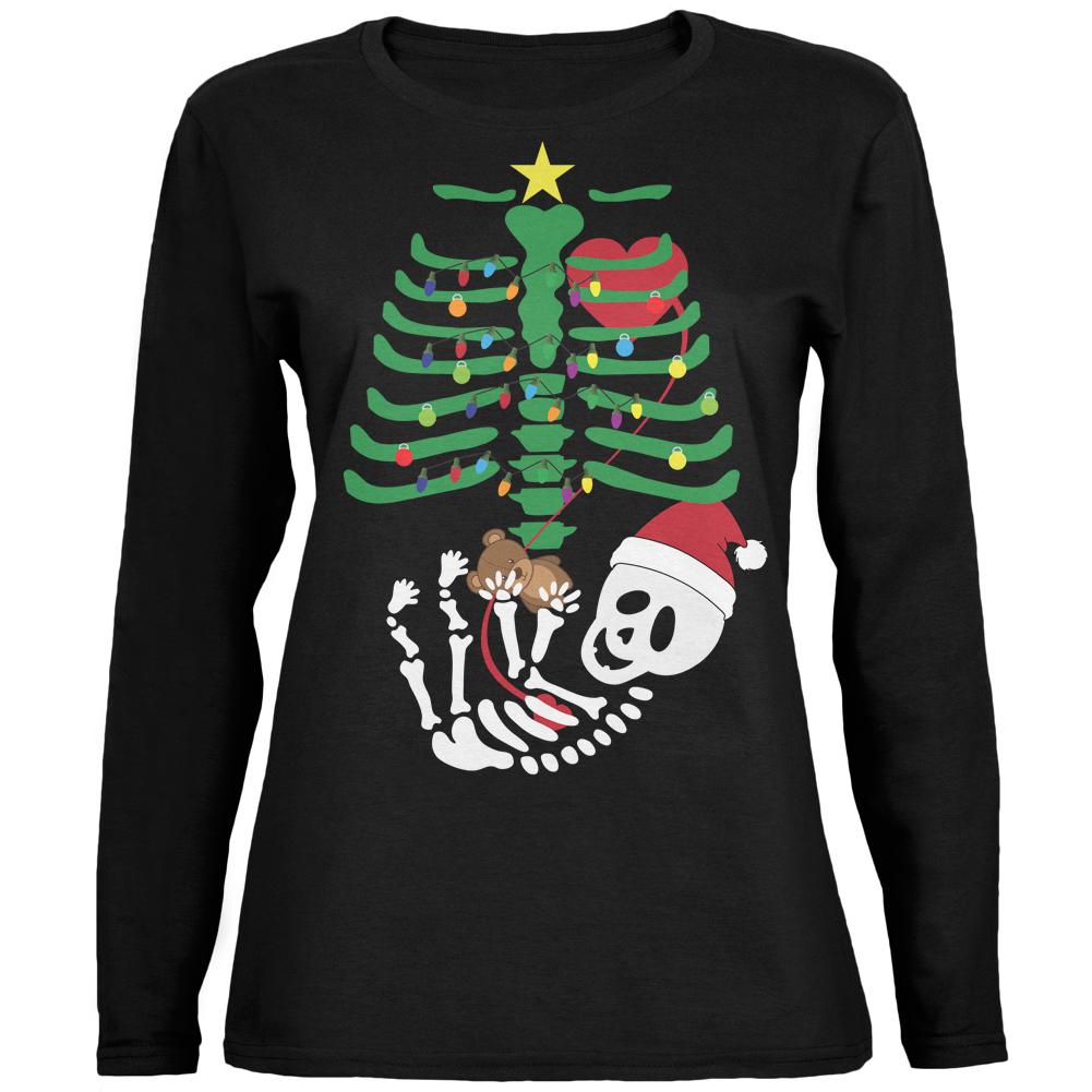 Christmas Tree Baby Skeleton Bear Black Womens Long Sleeve T-Shirt Women's Long Sleeves Old Glory 2XL Black 