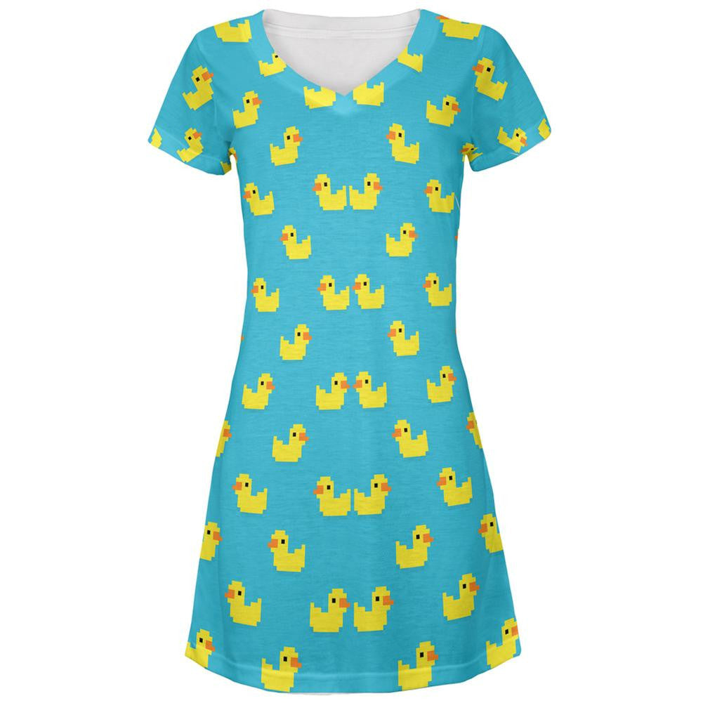 8 Bit Rubber Ducks All Over Juniors V-Neck Dress Juniors Dresses Old Glory SM White 