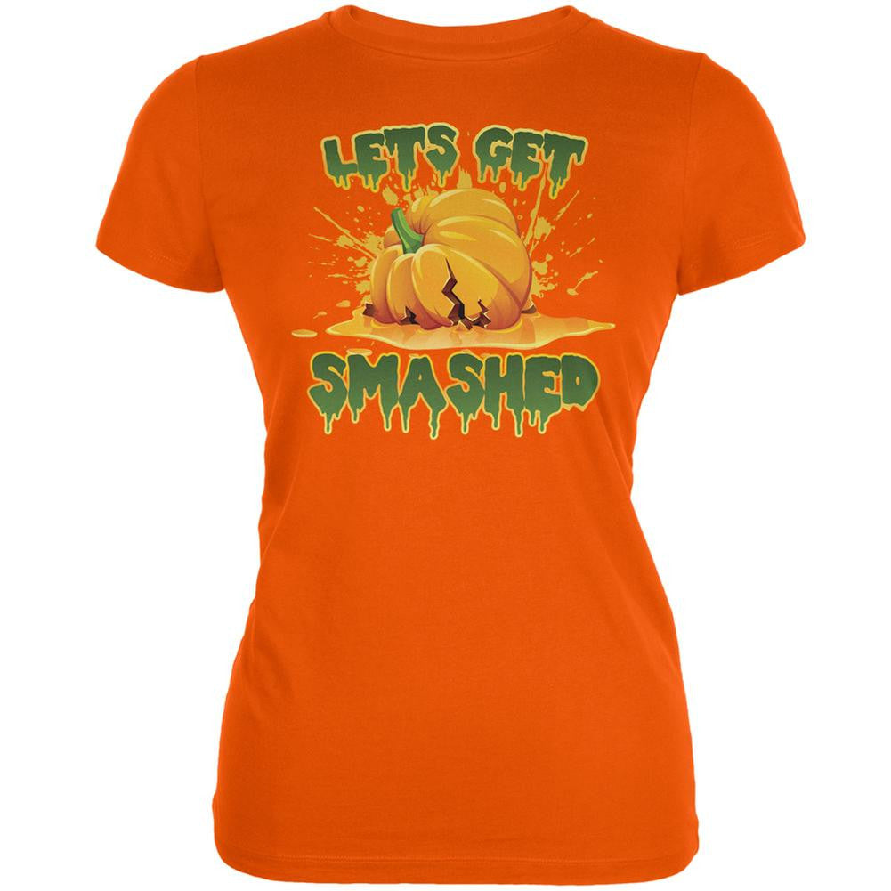 Halloween Pumpkin Lets Get Smashed Orange Juniors Soft T-Shirt Juniors T-Shirts Old Glory 2XL Orange 