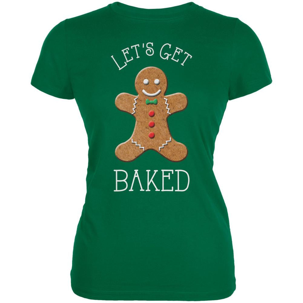 Christmas Gingerbread Man Let's Get Baked Kelly Juniors Soft T-Shirt Juniors T-Shirts Old Glory 2XL Green 