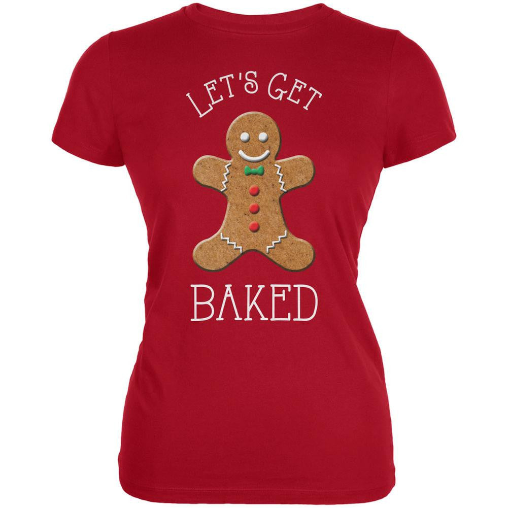 Christmas Gingerbread Man Let's Get Baked Red Juniors Soft T-Shirt Juniors T-Shirts Old Glory 2XL Red 