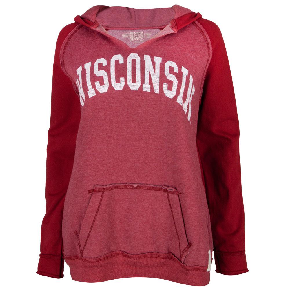 Wisconsin Badgers - Distressed Arch Logo Juniors Relaxed Slit-Neck Hoodie Juniors Hoodies Wisconsin Badgers LG Red 